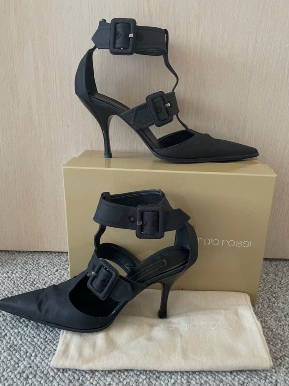 $795 SERGIO ROSSI Black Fabric Double Buckle Ankle STRAP Sandals Heels SZ 40 10